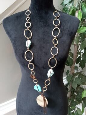 Chico's Turquoise Shell Pendant Ring Link Statement Necklace Boho Long Necklace